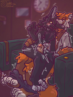 anthro belt big_butt bite bite_mark blush bodily_fluids brown_eyes business_attire butt butt_grab clothed clothes_on_floor clothing coin dripping duo ear_bite erection femboy genital_fluids genitals gold_(metal) gold_coin hand_on_butt leaking_precum male male/male nipples nude nude_anthro nude_male on_lap paws penis precum precum_drip precum_on_penis precum_squirt precum_string raised_leg raised_paw scuff_marks sex shaky_legs sitting_on_lap squish thick_thighs thigh_sex thigh_squish throb throbbing throbbing_penis yellow_eyes judasthesinner judas_(judasthesinner) skyler_(begentle) ailurid lagomorph leporid mammal rabbit red_panda 3:4 hi_res