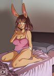 2020 absurd_res anthro bed big_breasts blue_eyes blush breasts brown_body brown_fur brown_hair buckteeth clothed clothing cotton_tail digital_drawing_(artwork) digital_media_(artwork) female female_anthro fluffy fluffy_tail fur furniture hair hand_on_breast hare hi_res kemono lagomorph leporid long_ears mammal oki06 open_mouth panties pawpads signature smile solo tail teeth underwear