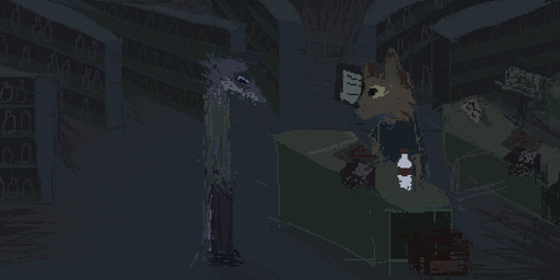 anthro black_bottomwear black_clothing black_pants bleak_ambiance bottomwear brown_body brown_fur clothed clothed_anthro clothed_male clothing detailed_background duo fully_clothed fully_clothed_anthro fully_clothed_male fur green_clothing green_shirt green_topwear inside library liquor_store looking_down male pants sad shirt store topwear demensa emil_(demensa) canid canine canis coyote domestic_dog mammal 2018 2:1 dark_theme digital_media_(artwork) pixel_(artwork)