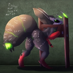 antennae_(anatomy) anthro arthropod_abdomen arthropod_abdomen_genitalia arthropod_abdomen_vulva body_writing bound female genitals glowing glowing_eyes graffiti looking_back profanity public_use restrained restraints side_view solo stocks submissive submissive_female tally_marks unusual_tally_marks vulva western_tally_marks writing_on_butt undeadkitty13 arthropod insect lepidopteran monster moth 1:1 hi_res