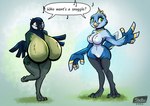 anthro beak big_breasts blue_body blue_feathers breasts brown_eyes dialogue duo feathers featureless_breasts featureless_crotch female green_eyes huge_breasts nude open_beak open_mouth singing tail tail_feathers text winged_arms wings shieltar avian bird great_tit oscine passerine tit_(bird) 2022 english_text hi_res