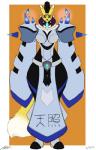 abstract_background armor belt big_breasts blue_eyes breasts cjk_character clothed clothing female footwear front_view glowing headgear headwear high_heels high_tech markings robe science_fiction shoes solo symbol wide_hips jeffthehusky bandai_namco digimon canid canine digimon_(species) mammal taomon absurd_res hi_res