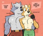 anthro black_eyes fur grey_body grey_fur kissing_cheek male male/male muscular muscular_anthro muscular_male nipples shirtless_anthro shirtless_male text yellow_body yellow_fur tadaoardo nintendo star_fox fox_mccloud wolf_o'donnell canid canine canis fox mammal wolf 2024 absurd_res english_text hi_res