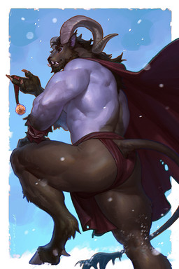4_fingers anthro back_muscles barazoku beard bell black_body black_fur blue_body blue_skin bubble_butt bulge bulge_from_behind butt cape claws clothing facial_hair finger_claws fingers fur holidays hooves horn jingle_bell looking_at_viewer looking_back looking_back_at_viewer male muscular muscular_anthro muscular_male muscular_thighs pose rear_view red_eyes revealing_outfit simple_background smile snaggle_teeth snow solo tail underbite underwear taran_fiddler christmas krampus bovid caprine caprine_demon demon goat_demon mammal 2025 digital_media_(artwork) hi_res pinup signature