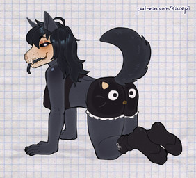 all_fours anthro black_body black_fur black_hair blush bone breasts butt clothed clothing female footwear fur hair looking_at_viewer simple_background skull skull_head smile socks solo tongue kikoepi hello_kitty_(series) sanrio scp_foundation chococat scp-1471-a canid canine malo mammal digital_media_(artwork)