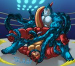 anthro balls blue_body bound duo erection eyes_closed fighting_ring genitals male male/male moobs musclegut muscular nipples overweight overweight_male penis red_body sitting tentacles markwulfgar rumble_(movie) steve_(rumble) tentacular_(rumble) monster 2022 hi_res