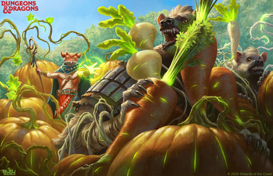 anthro armor belt bound brown_body brown_fur carrot claws day detailed_background food fruit fur group holding_object holding_staff horn magic male open_mouth outside plant pumpkin red_body red_scales scales sharp_teeth staff surprised teeth vegetable vines brian_valeza dungeons_and_dragons hasbro wizards_of_the_coast dragonborn_(dnd) gnoll hyena mammal scalie 2023 digital_media_(artwork) hi_res official_art