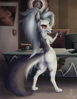 anthro areola breasts butt casual_nudity cellphone chair desk detailed_background detailed_fur ear_piercing ear_ring electronics eyebrow_piercing eyebrow_ring facial_piercing female fur furniture gesture grey_body grey_fur hand_gesture headphones holding_object inside looking_at_viewer middle_finger nipples nude office phone piercing rear_view red_sclera ring_piercing screen smartphone solo standing table text white_body white_fur ukon_vasara hellaverse helluva_boss mythology loona_(helluva_boss) canid canid_demon canine demon hellhound mammal mythological_canine mythological_creature 2021 detailed english_text hi_res