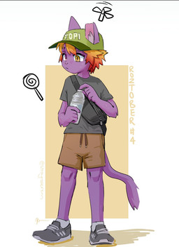 anthro bottle candy clothed clothing container dessert fanny_pack food footwear front_view fully_clothed fur furgonomic_headwear furgonomics green_clothing green_hat green_headwear hair hat headgear headwear heterochromia holding_object kemono lollipop looking_aside male orange_hair purple_body purple_fur shirt shoes sneakers solo standing t-shirt topwear water_bottle young young_male strayrozerem roze_(strayrozerem) domestic_cat felid feline felis mammal 2025 full-length_portrait hi_res portrait