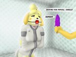 animal_crossing anthro bdsm bodily_fluids bondage bound canid canine canis clothed clothing dialogue diaper domestic_dog female food gag genital_fluids hi_res isabelle_(animal_crossing) mammal name_tag nintendo open_mouth_gag padded_room padlockedpadding popsicle restraints shih_tzu solo straitjacket tears toy_dog unclean_diaper urine used_diaper wearing_diaper wet_diaper