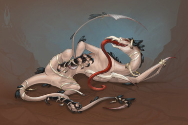 beak black_body black_claws black_feathers black_legs blade blade_arm blade_tail claws eyeless feathers feral long_tongue lying on_side open_beak open_mouth pawpads pink_body pink_pawpads red_tongue smooth_skin solo spread_legs spreading teeth teratophilia tongue tongue_out white_beak firael mythology demon_bird_(firael) avian avian_demon bird bird_demon demon monster mythological_creature absurd_res hi_res