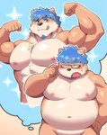 anthro belly big_belly blue_hair blush blushing_male eyewear glasses hair humanoid_hands kemono male moobs muscular muscular_male navel nipples overweight overweight_male solo tongue tongue_out diru11 canid canine canis domestic_dog mammal 2023 absurd_res hi_res