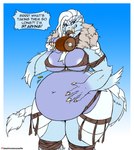 anthro areola areola_slip belly belly_expansion big_belly big_breasts breasts deep_navel eating expansion fangs female food hair hand_on_belly meat meat_on_bone navel nipple_outline non-mammal_breasts rumbling_stomach sabertooth_(anatomy) solo stuffing tail teeth text thick_thighs weight_gain white_hair viroveteruscy european_mythology mythology herja_(noxthekobold) dragon mythological_creature mythological_scalie scalie western_dragon 2018 absurd_res english_text hi_res