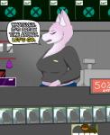 angry anthro breasts cash_register cashier clothing dialogue female fur game_case media_case pink_body pink_fur purple_eyes solo speech_bubble talking_to_viewer text unprofessional_behavior xbox_logo privvys-art halo_(series) microsoft xbox xbox_game_studios xbox_one canid canine mammal 2018 absurd_res comic english_text hi_res