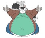 ambiguous_gender anthro belly big_belly big_tail bottomwear clothing denim denim_bottomwear denim_clothing fur green_clothing green_eyes grey_body grey_fur jeans male moobs obese obese_male overweight overweight_male pants smile solo tail tail_motion tailwag white_body white_fur wide_hips kittyfred patterson_(pattraccoon) mammal procyonid raccoon hi_res