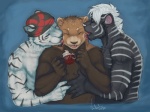 anthro biceps big_muscles cupcake food fur group kissing licking male muscular muscular_male simple_background tongue tongue_out voondahbayosh rivers ailurid felid mammal pantherine red_panda tiger 4:3