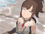 armor beach braided_hair brown_hair female green_eyes hair human_only humor leather leather_armor not_furry shocked solo teasmacker palworld pocketpair pal_tamer human mammal 2024 hi_res