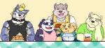 anthro apron blue_body blue_fur clothing cute_fangs eating eyes_closed eyewear fangs fur glasses group humanoid_hands kemono male milk purple_body purple_fur rope scarf shirt slightly_chubby teeth tired tongue tongue_out topwear white_body white_fur iudexkoo judicatorkoo lifewonders tokyo_afterschool_summoners alp_(tas) cu_sith_(tas) fenrir_(tas) jambavan_(tas) leib_(tas) bear canid canine canis domestic_dog giant_panda mammal polar_bear ursine wolf 2019