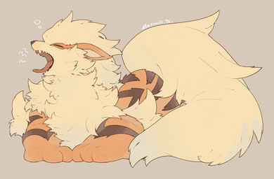 ambiguous_gender chest_tuft fangs feral fluffy fluffy_tail fur open_mouth orange_body orange_fur paws simple_background solo striped_body striped_fur stripes tail teeth tongue tongue_out tuft yawn yellow_body yellow_fur batten12 nintendo pokemon arcanine generation_1_pokemon pokemon_(species) 2025 hi_res signature