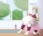 anthro ball belly big_belly dialogue exercise_ball feet female fur hair hyper hyper_pregnancy open_mouth plant pregnant pregnant_anthro pregnant_female sitting sitting_on_ball solo text toes tree milk-jug tina_(spyingredfox) felid mammal pantherine tiger digital_media_(artwork) english_text