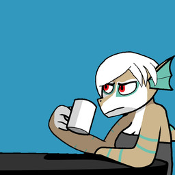 anthro breasts clothed clothing coffee_mug female hair multicolored_body non-mammal_breasts red_eyes simple_background solo stripes tan_body two_tone_body white_hair dagurmawth too_early_for_this aina_dagurmawth aquatic fish shark 1:1 meme