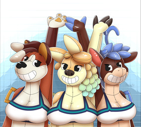 ambiguous_gender anthro breasts female glistening glistening_body group handles_on_shoulders inflatable permanent_smile pseudo_hair seam_(sewing) standing trio pannotia animate_inanimate living_inflatable absurd_res digital_media_(artwork) hi_res