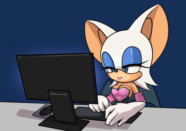 anthro armwear bare_shoulders breasts clothing computer elbow_gloves electronics eyeshadow female fingers fur gloves handwear lipstick makeup narrowed_eyes solo tan_body tan_skin white_body white_fur pchaos720 sega sonic_the_hedgehog_(series) rouge_the_bat bat mammal alpha_channel hi_res reaction_image