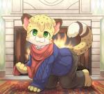 all_fours anthro bottomwear clothed clothing coat countershading fire fireplace fully_clothed green_eyes inside looking_at_viewer male pants scarf solo topwear young young_anthro yojoo salmy cheetah felid feline mammal