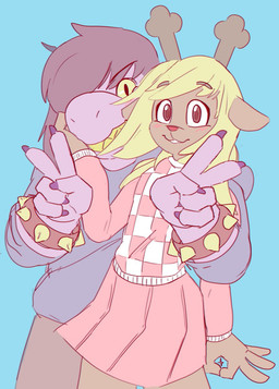 anthro antlers blonde_hair blue_background blue_clothing blue_topwear bottomwear bracelet brown_body brown_bottomwear brown_clothing brown_eyes brown_hair brown_pants claws clothed clothing dress duo female female_anthro finger_claws front_view gesture grin hair hand_gesture hand_on_cheek horn jewelry looking_at_viewer ok_sign pants pink_clothing pink_dress purple_body purple_claws simple_background smile spiked_bracelet spikes standing teeth topwear v_sign yellow_eyes yellow_teeth hardscales deltarune undertale_(series) noelle_holiday susie_(deltarune) deer mammal scalie hi_res