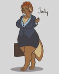 anthro big_breasts bottomwear breasts briefcase brown_body brown_fur brown_hair business_suit businesswear cleavage clothed clothing female floppy_ears fully_clothed fur hair huge_breasts mature_female office_lady simple_background skirt solo suit thick_thighs wide_hips cosmic_klutz judy_(cosmic_klutz) canid canine canis domestic_dog mammal hi_res