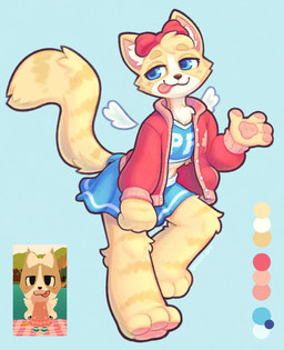 3_toes 4_fingers accessory anthro barefoot black_pawpads blue_bottomwear blue_clothing blue_eyes blue_miniskirt blue_skirt blue_topwear blush bottomwear bow_accessory bow_ribbon brown_nose closed_smile clothed clothing countershading crossdressing eyebrows feet femboy fingers fur fur_markings hair_accessory hair_bow hair_ribbon inner_ear_fluff jacket looking_away male markings midriff miniskirt mouth_closed pawpads paws pink_pawpads red_bow red_clothing red_jacket red_topwear ribbons skirt smile soles solo standing tail tan_body tan_eyebrows tan_fur text toes tongue tongue_out topwear tuft white_text wings geckit webfishing domestic_cat felid feline felis mammal 2025 absurd_res hi_res