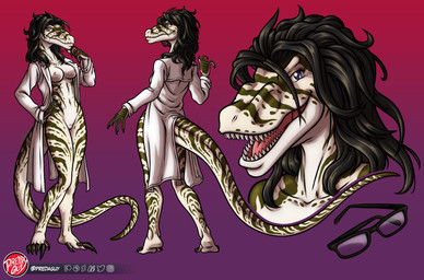 4_fingers 5_toes anthro areola big_tail biped black_claws black_hair bottomless breasts claws clothed clothing coat coat_only exposed_breasts eyelashes eyewear feet female finger_claws fingers front_view genitals glasses gradient_background green_body green_markings green_scales hair hand_on_hip humanoid_hands lab_coat logo long_snout long_tail looking_at_viewer markings medium_breasts mostly_nude multicolored_body multicolored_scales navel nipples non-mammal_breasts non-mammal_navel non-mammal_vulva open_clothing open_coat open_topwear pink_tongue plantigrade pose pupils purple_eyes rear_view scale_markings scales scientist sharp_teeth simple_background slit_pupils small_areola small_nipples smile smiling_at_viewer snout solo standing tail tan_areola tan_body tan_nipples tan_scales teeth thick_tail toe_claws toes tongue topwear topwear_only two_tone_body two_tone_scales vulva white_clothing white_coat white_topwear predaguy isabelle_(rhazzazor) dinosaur dromaeosaurid prehistoric_species reptile scalie theropod velociraptor 2022 artist_logo bust_portrait cel_shading clip_studio_paint_(artwork) digital_media_(artwork) full-length_portrait hi_res model_sheet portrait shaded story story_in_description