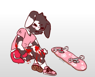anthro blood bodily_fluids bottomwear brown_body brown_fur bruised clothed clothed_anthro clothing crying footwear fully_clothed fully_clothed_anthro fur male pink_clothing pink_footwear pink_shirt pink_shoes pink_skateboard pink_t-shirt pink_topwear red_bottomwear red_clothing red_shorts sad shirt shoes shorts skateboard snot solo t-shirt tears topwear vehicle white_body white_fur wounded young bravobunny lagomorph leporid mammal rabbit full-length_portrait portrait