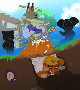 anthro armor balls big_penis bodily_fluids clothing cum duo_focus erection eyes_closed genital_fluids genitals group hard_hat headgear helmet male male/male mature_male outside penis plant sex shirt slightly_chubby sweat topwear tree underground bepboye animal_crossing nintendo dobie_(animal_crossing) eugene_(animal_crossing) mr._resetti poncho_(animal_crossing) bear canid canine canis eulipotyphlan koala mammal marsupial mole_(animal) vombatiform wolf 2026 character_request hi_res