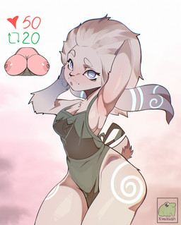 anthro apron apron_only arm_tuft armpit_fetish big_breasts biped blue_eyes blue_markings breasts chest_tuft cleavage closed_smile clothed clothed_anthro clothed_female clothing curvy_figure dipstick_ears ear_markings elbow_tuft eyebrows eyelashes female female_anthro floppy_ears front_view fur glowing glowing_markings gradient_background green_apron green_clothing hair hands_behind_head horizontal_pupils leg_markings like_goal logo long_ears looking_at_viewer lop_ears markings maskless mostly_nude mostly_nude_anthro mostly_nude_female mouth_closed multicolored_ears pose pupils raised_arms retweet_goal scut_tail short_tail side_boob simple_background skimpy smile smiling_at_viewer smirk smirking_at_viewer solo standing tail thick_thighs thigh_markings tuft white_background white_body white_ears white_eyebrows white_fur white_hair white_pupils kvakush_art league_of_legends riot_games tencent kindred_(lol) lamb_(lol) bovid caprine mammal sheep absurd_res artist_logo hi_res