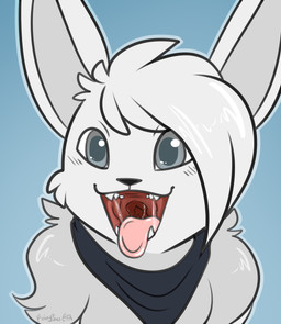 black_kerchief black_neckerchief blue_background bodily_fluids feral fur grey_body grey_eyes grey_fur grey_hair hair kerchief male mouth_shot neckerchief neckwear open_mouth ruff saliva saliva_string sharp_teeth simple_background solo teeth text tongue tongue_out rainypaws nintendo pokemon eevee generation_1_pokemon pokemon_(species) shiny_pokemon artist_name hi_res