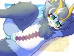 4_ears :3 antennae_(anatomy) anthro bangs beach beach_background belly bikini black_body black_fur black_hair blue_body breasts clothing colored_nails curly_hair female front_view fur fur_tuft green_eyes green_nails hair lying markings micro_bikini multi_ear nails navel on_side short_hair slightly_chubby small_breasts solo spread_legs spreading swimwear thick_thighs tuft two-piece_swimsuit white_body wide_hips !dodn erro_(!dodn) aquatic_gastropod gastropod marine mollusk sea_snail snail 4:3 hi_res