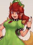 2018 animal_humanoid bowser_peach bracelet breasts clothed clothing collar dress eyelashes fangs female hair hat headgear headwear hi_res horn humanoid humanoid_pointy_ears jewelry mario_bros nintendo open_mouth red_eyes red_hair simple_background sneezincopter solo spiked_collar spikes teeth