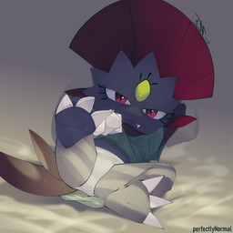 3_toes ambiguous_gender bed bed_sheet bedding bedroom_eyes chibi claw_toes claws clothed clothing clothing_lift cute_fangs fangs feet foot_focus furniture looking_at_viewer lying narrowed_eyes on_back oversized_clothing oversized_shirt oversized_topwear panties seductive shirt shirt_lift soles solo spread_legs spreading teeth toe_claws toes topwear underwear perfectlynormal nintendo pokemon generation_4_pokemon mammal pokemon_(species) weavile 1:1 2020 absurd_res hi_res