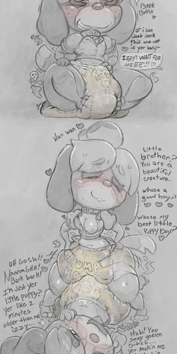 anthro blush bodily_fluids breasts collar diaper diaper_bulge duo erection erection_in_diaper feces female genitals good_boy hand_on_hip hand_on_penis humping male male/female nipples penetration penile penile_penetration penis pooping soiled_diaper soiling soiling_diaper stinky_diaper tail tail_motion tailwag tears tears_of_pleasure tenting text thick_thighs unclean_diaper used_diaper using_diaper overflo207 animal_crossing nintendo digby_(animal_crossing) isabelle_(animal_crossing) canid canine canis domestic_dog mammal absurd_res english_text hi_res brother_(lore) brother_and_sister_(lore) incest_(lore) sibling_(lore) sister_(lore)