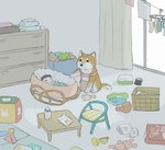 ambiguous_gender apron baby babysitter blush book brown_body brown_fur clothed clothed_feral clothing cradle duo feral fur quadruped text white_body white_fur young avogado6 canid canine canis domestic_dog human mammal shiba_inu spitz absurd_res hi_res japanese_text