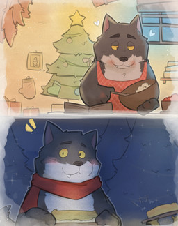 apron apron_only black_nose christmas_star christmas_tree clothing cooking detailed_background fur holidays male multicolored_body multicolored_fur plant scarf solo tree two_tone_body two_tone_fur yellow_eyes malcom508 christmas intermarche_unloved the_first_wolf_(unloved) canid canine canis mammal wolf absurd_res hi_res multiple_scenes
