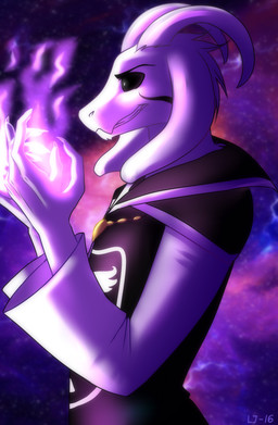 anthro clothing colored_fire cosmic_background emblem fire fur male purple_fire solo space space_background teeth topwear white_body white_fur captainjohnson-b undertale undertale_(series) asriel_dreemurr_(god_form) boss_monster_(undertale) bovid caprine goat mammal 2016 hi_res