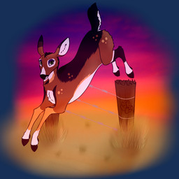 barbed_wire detailed_background female fence feral fur grass hooves jumping looking_at_viewer outside plant solo sunset m1lkb4rk deer mammal 1:1 alpha_channel digital_media_(artwork) hi_res