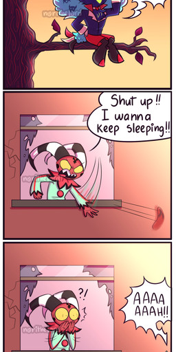 4_panel_comic acting_like_a_chicken aged_down angry animal_noises anthro blue_body blue_clothing blue_feathers blue_shirt blue_topwear bodily_fluids bottomwear branch bruised bruised_face clothed clothing clown_costume constricted_pupils covering covering_mouth crown crying dialogue duo_focus empty_eyes eyes_closed facial_tuft feathers footwear group hand_holding hat headgear headwear horn hug interrobang male morning motion_lines musical_note musical_symbol open_mouth open_smile plant pupils red_body red_bottomwear red_clothing red_shorts red_skin remorse sandals screaming shirt shocked shoes shorts simple_background singing sitting_on_branch sitting_on_tree sky small_pupils smile smug striped_horn stripes symbol tail tail_feathers tear_trough tears text throwing_footwear throwing_object topwear tree tuft white_background window yelling yellow_sky young norithelord hellaverse helluva_boss asmodeus_(helluva_boss) blitzo_(helluva_boss) fizzarolli_(helluva_boss) stolas_(helluva_boss) avian avian_demon bird demon imp owl owl_demon 2022 absurd_res comic english_text hi_res