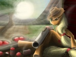 anthro apple clothing cutie_mark female food fruit grenade_launcher gun hat headgear headwear launcher m79 plant ranged_weapon shell solo spent_casing sun tree weapon wood feralblooddragon friendship_is_magic hasbro my_little_pony applejack_(mlp) earth_pony equid equine horse mammal pony 4:3