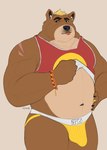 anthro belly black_nose brown_body brown_fur bulge clothing fur jockstrap male navel overweight overweight_anthro overweight_male simple_background solo tongue tongue_out underwear nastybearz bear mammal 2021 absurd_res hi_res