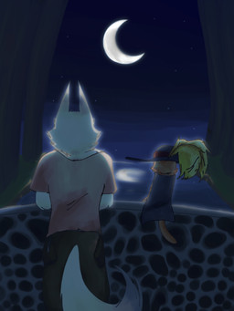anthro bottomwear bridge cape clothed clothing crescent_moon duo ears_up faceless_anthro faceless_character faceless_male fanfiction fur fuzzy hat headgear headwear light long_ears looking_at_moon looking_at_sky male moon night orange_body orange_fur outside pants plant pointy_ears prick_ears rear_view shirt side_by_side sitting size_difference sky standing star starry_sky tail topwear tree water white_body white_fur kisseschu dreamworks my_way_of_life_(pib_fanfic) puss_in_boots_(franchise) death_(puss_in_boots) puss_in_boots_(dreamworks) canid canine canis domestic_cat felid feline felis mammal wolf 3:4 hi_res lighting
