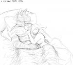 anthro bed bill_(hladilnik) black_and_white bovid breasts caprine cuddling domestic_sheep duo equid equine female furniture hi_res hladilnik jane_doe_(hladilnik) male male/female mammal monochrome nude sheep text zebra