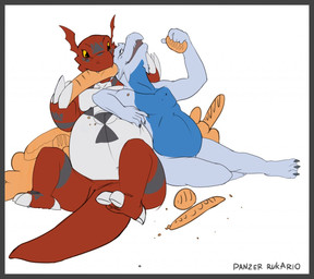 anthro border bread digital_hazard digitigrade duo eating feet food grey_border hindpaw inverted_zero_unit male markings overweight paws simple_background slightly_chubby stuffing symbol tail weight_gain white_background zero_unit dotrook rukario bandai_namco digimon digimon_(species) guilmon scalie